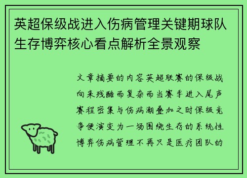 英超保级战进入伤病管理关键期球队生存博弈核心看点解析全景观察 英超保级战进入伤病管理关键期球队生存博弈核心看点解析全景观察